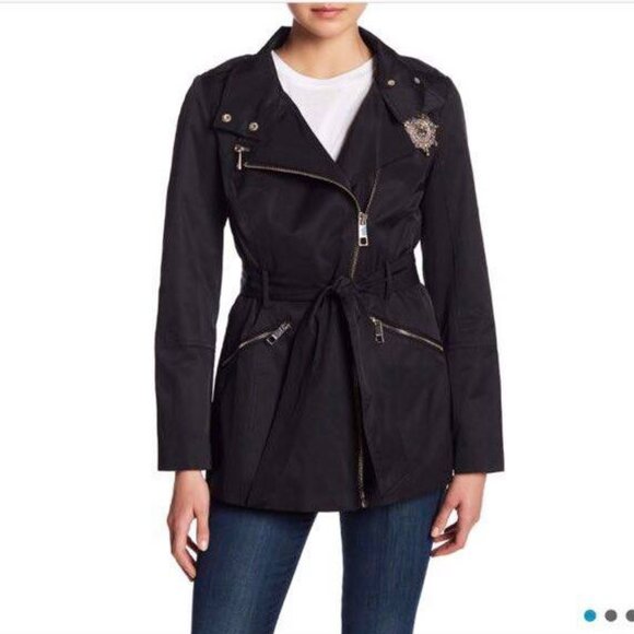 GUESS Short Black Zip Trench Coat With Belted Waist and Gold Accents - Size S - Picture 1 of 12